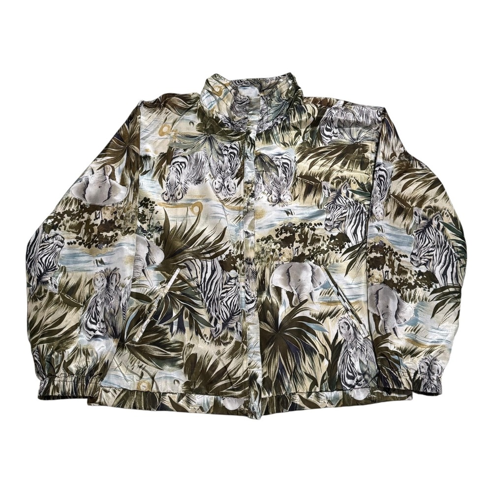 Vintage‎ 90s EVR Safari Animal Zebra Elephant Full Zip Windbreaker Women's PL